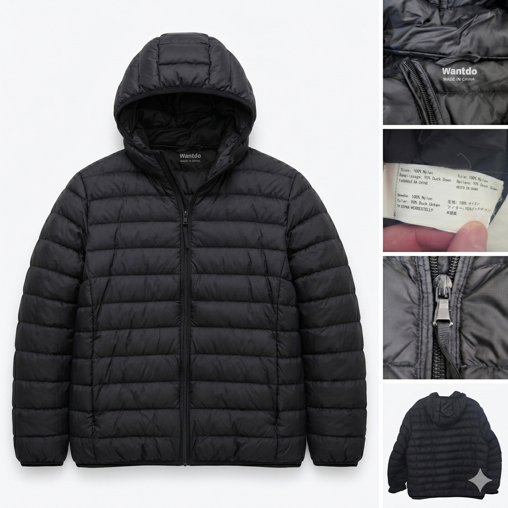 Wantdo Puffer Jacket Mens LG Black Duck Down Hooded Packable Lightweight Puffy
